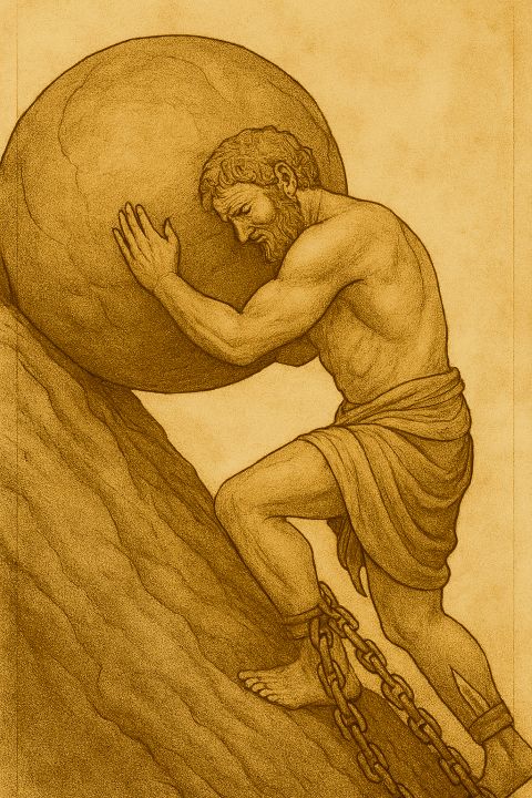 A ilustração de Sísifo, o arquétipo do ciclo de encrencas. Ele aparece empurrando sua pedra montanha acima, com correntes nos tornozelos, simbolizando o esforço repetitivo e a resistência à mudança. A expressão de esforço resignado reforça a ideia de alguém que vive preso ao próprio padrão.