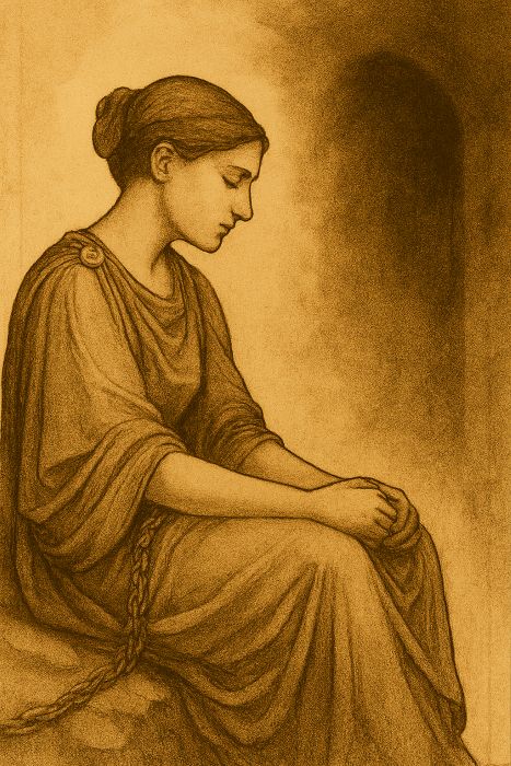 A ilustração de Antígona, a que sofre em silêncio e espera ajuda sem pedir. Ela aparece sentada, envolta em sombras e vestes clássicas, com expressão introspectiva e mãos entrelaçadas no colo. A cena transmite a tensão emocional de quem se cala, mas cobra — perfeita para representar o perfil que manipula pela ausência de palavras.