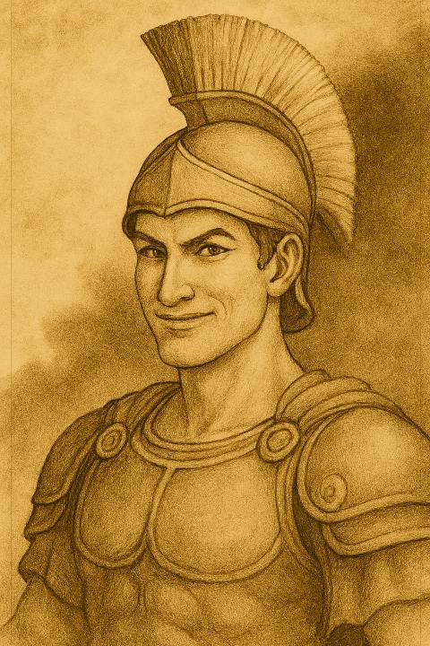 A ilustração de Ares, o arquétipo da rivalidade disfarçada. Ele aparece em armadura ornamentada, com um sorriso competitivo e olhar direto, transmitindo a tensão de quem pede ajuda apenas para superá-lo depois. A postura firme e o capacete com pluma reforçam sua presença dominante — perfeita para o disfarce da camaradagem.