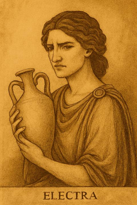 A ilustração de Electra, envolta em véus e segurando uma ânfora, com expressão de dor contida e olhar introspectivo. Ela representa a vitimização constante, aquela que se apega à própria dor como identidade.