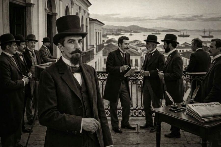 Reconstituição histórica da elite intelectual capixaba na sacada do Palácio Anchieta em 1882, com Cleto Nunes ao centro e observadores da posteridade.