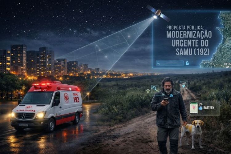 Uma imagem noturna dividida conceitualmente. À esquerda, uma ambulância do SAMU 192 com luzes ligadas em uma cidade. À direita, um homem e um cachorro em uma estrada de terra rural. O homem olha para um celular com 3% de bateria. Do céu, um satélite emite feixes de luz que conectam o homem e a ambulância, simbolizando a busca por geolocalização. No céu, o texto "PROPOSTA PÚBLICA: MODERNIZAÇÃO URGENTE DO SAMU (192)" e um mapa parcial com a marcação "BR-284".