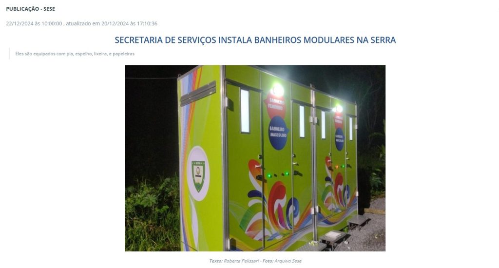 Secretaria de Serviços instala banheiros modulares na Serra