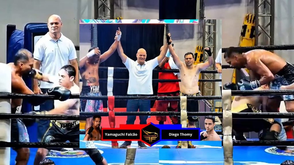 Diego Thomy resistindo à sequência de golpes de Yamaguchi Falcão no Falcão Fight 3. Validação da técnica Waza-D.A.E.