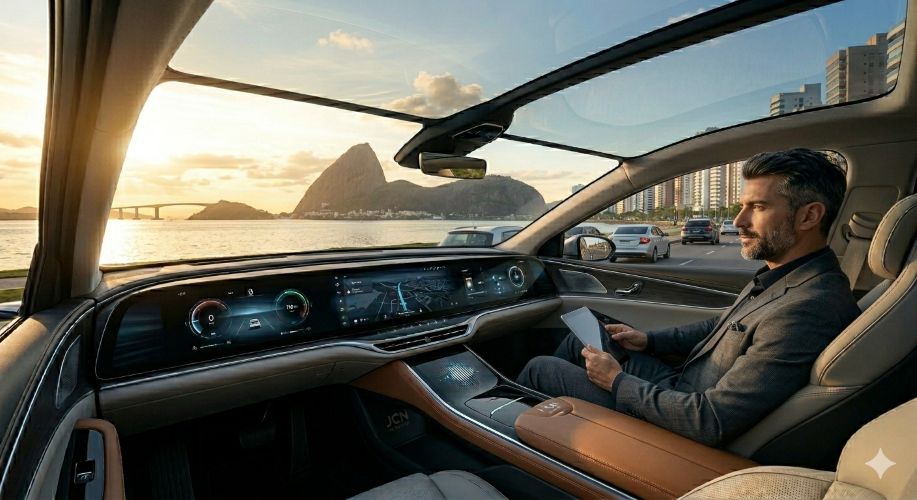A Revolução da Mobilidade: O Carro como Extensão da Inteligência Privada Ilustracao cinematográfica a partir do interior de um veículo autônomo ultra-luxuoso, com o homem, um líder empresarial grisalho e de traje elegante, sentado como passageiro. O carro navega pela Avenida Beira-Mar em Vitória, Espírito Santo, com a imponente Pedra do Penedo e a Terceira Ponte visíveis através do teto de vidro ao pôr do sol. O painel de telas OLED curvas exibe dados técnicos.