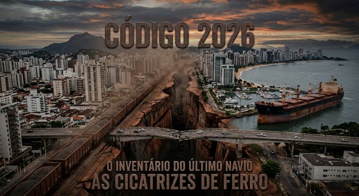 CÓDIGO 2026: O INVENTÁRIO DO ÚLTIMO NAVIO E AS CICATRIZES DE FERRO Fotografia aérea de Vitória, Espírito Santo, focando na região da Ponte da Passagem e Reta da Penha ao pôr do sol. A principal avenida foi substituída por uma trincheira colossal e profunda de trilhos de trem enferrujados, cheios de minério, que cortam a cidade como uma cicatriz de ferro. Navios de carga massivos deslizam sobre esses trilhos no meio da avenida, esmagando o asfalto e os prédios ao redor. De um lado, o brilho da Enseada do Suá prosperando; do outro, a sombra e o pó que cobrem a Reta da Penha destruída.