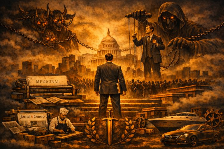 🏛️ PROTOCOLO DE SOBERANIA: A RETOMADA DO EIXO DE PODER Empresário de alta envergadura em trono de pedra observa cidade. À esquerda, biblioteca com vitral dos 17 objetivos da ONU e fonte de água limpa. À direita, telas de likes e dancinhas sendo dissipadas por luz. Em destaque, Jornal O Centro de São Paulo com letras vermelhas.