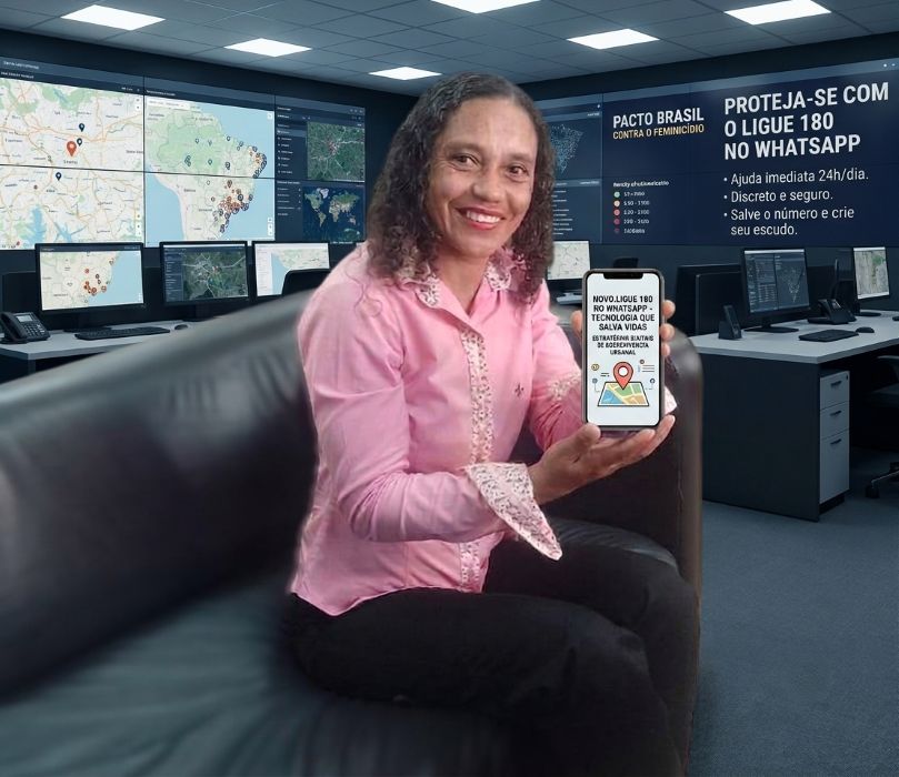 Jornal o Centro SERRA-ES: O novo Ligue 180 no WhatsApp e a proposta de modernização urgente do SAMU (192) Fotografia de uma mulher sorrindo, sentada de perfil em um sofá preto, segurando um smartphone que exibe uma tela com mapa e o texto sobre o novo Ligue 180 no WhatsApp. O fundo é uma moderna sala de monitoramento tecnológica com grandes painéis iluminados exibindo mapas de georeferenciamento do Brasil, gráficos de dados e textos institucionais sobre o Pacto Brasil contra o Feminicídio.