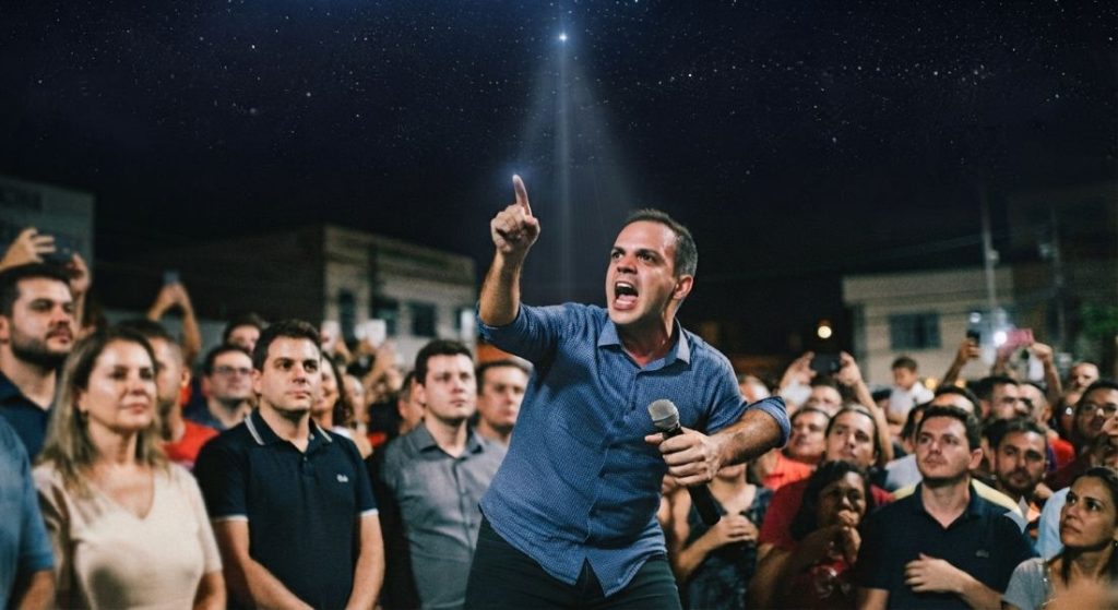 Fotografia noturna em estilo de pintura a óleo, focada em um homem de meia-idade, de cabelo curto e camisa azul social, em um comício ao ar livre. Ele segura um microfone na mão esquerda e aponta o dedo indicador da mão direita para cima, com uma expressão facial intensa e a boca aberta num grito. Ele está cercado por uma multidão atenta, mas desfocada. Acima dele, o céu noturno é cortado por um feixe de luz focado e brilhante, descendo de uma única estrela, iluminando-o. O fundo mostra silhuetas de prédios urbanos.