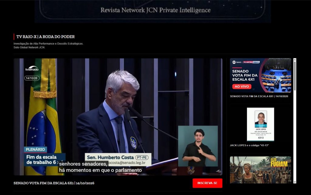 Vitória histórica: Senado aprova o fim da escala 6×1, coroa a luta iniciada pelo Partido Republicano Construtor de Cleto Nunes e consolida conquistas para o trabalhador e o microempreendedor Captura de tela da transmissão da TV Senado com o senador Humberto Costa falando. No painel, lê-se: "Fim da escala de trabalho 6x1". A imagem inclui intérprete de Libras, a barra de controle do player de vídeo e a lateral do YouTube com transmissões do SBT News e outros vídeos sugeridos.